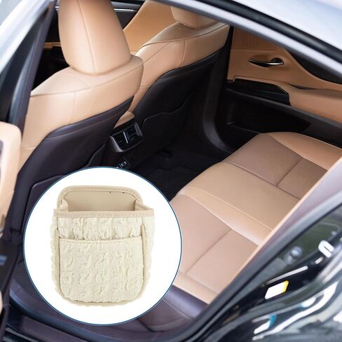 Car Trash Can Portable and Hanging 6.3" Length 3.9" Width 7.1" Height Trash Bin Fabric Beige White 1 Pcs in Kuwait