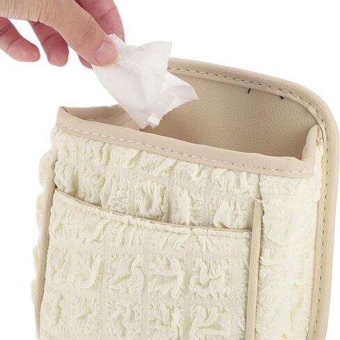 Car Trash Can Portable and Hanging 6.3" Length 3.9" Width 7.1" Height Trash Bin Fabric Beige White 1 Pcs in Kuwait