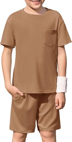 الأولاد Haloumoning tee and shorts tee tee stite childs 2 قطع الصيف مع جيب الصدر من 5 إلى 14 سنة in Saudi Arabia