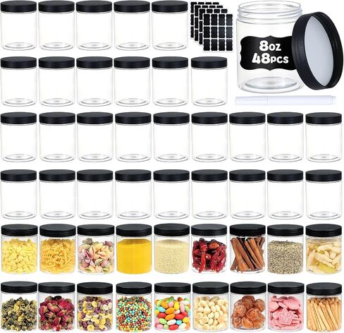 48 pcs 8 أوقية من الجرار البلاستيكية مع المسمار على الأغطية والقلم والملصقات قابلة لإعادة تعبئة حاويات مستحضرات التجميل الفارغة الفارغة لتخزين الأطعمة الجافة والمكياج والخلع ومربى العسل والكريمة والزبدة والأسود in Kuwait