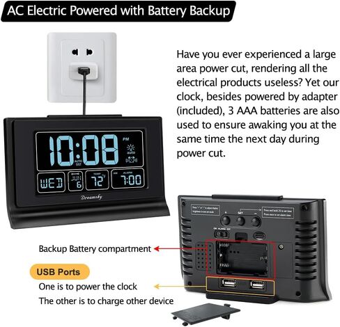 ساعة منبه رقمية من DreamSky مع بطارية احتياطية لغرفة النوم، ساعة ضبط تلقائي مع منافذ شحن USB، شاشة كبيرة 5 بوصة مع درجة حرارة التاريخ خلال أيام الأسبوع، التوقيت الصيفي التلقائي، تخفيف السطوع، قيلولة بعد الظهر، 12/24 ساعة in Saudi Arabia