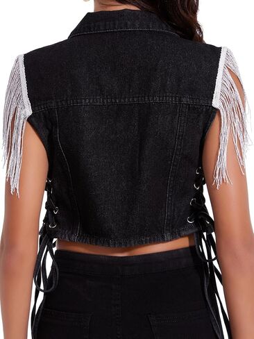J.Corrine Women's Sleeveless Denim Vest Fringe Hem Crop Jean Jacket Western Cowgirl Outfits for Spring Summer in Saudi Arabia