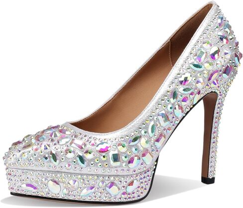 Platform Heels for Women Rhinestone Crystal Stiletto Closed Toe Pumps Comfortable Sexy Dressy Wedding Elegantes Wide Comfortable Tacones 4 Inch High Heels in Kuwait