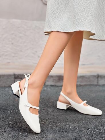 Coutgo Womens Mary Jane Shoes Slingback Chunky Low Heels Bow Closed Square Toe Pumps Wedding Party Dress Shoes in Saudi Arabia
