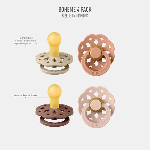 BIBS Boheme Soother 4-Pack | BPA Free Dummy Pacifier | Round Nipple | Natural Rubber Latex | Made in Denmark | Size 0-6 Months | Woodchuck Mix in Saudi Arabia