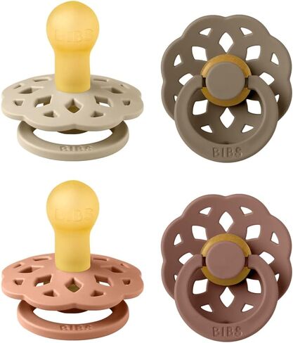 BIBS Boheme Soother 4-Pack | BPA Free Dummy Pacifier | Round Nipple | Natural Rubber Latex | Made in Denmark | Size 0-6 Months | Woodchuck Mix in Saudi Arabia