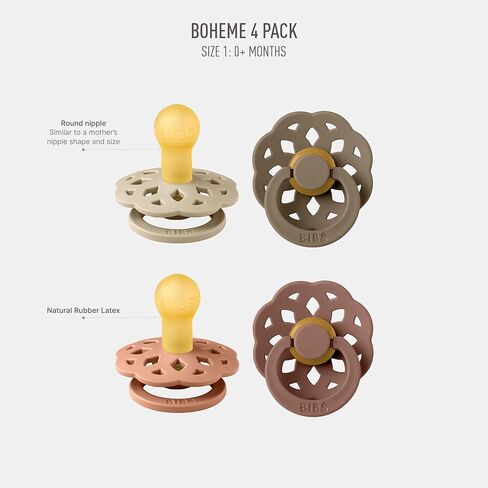 BIBS Boheme Soother 4-Pack | BPA Free Dummy Pacifier | Round Nipple | Natural Rubber Latex | Made in Denmark | Size 0-6 Months | Woodchuck Mix in Saudi Arabia