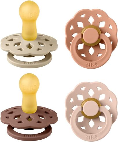 BIBS Boheme Soother 4-Pack | BPA Free Dummy Pacifier | Round Nipple | Natural Rubber Latex | Made in Denmark | Size 0-6 Months | Woodchuck Mix in Saudi Arabia