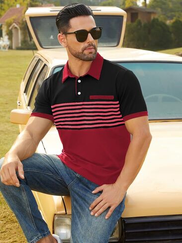 Hardaddy Men's Striped Polo Shirt Short Sleeve Casual Color Block Graphic Tee Collared Golf Shirts for Men in Saudi Arabia