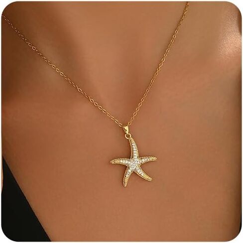 18K Gold Plated CZ Starfish Moon Pendant Necklace for Women Created Round White Opal Choker Necklace Dainty Gold Lucky Horseshoe Pearl Necklace Stainless Steel Jewelry in Saudi Arabia