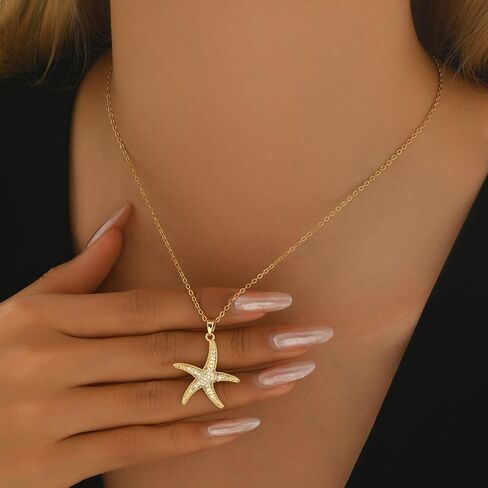 18K Gold Plated CZ Starfish Moon Pendant Necklace for Women Created Round White Opal Choker Necklace Dainty Gold Lucky Horseshoe Pearl Necklace Stainless Steel Jewelry in Saudi Arabia