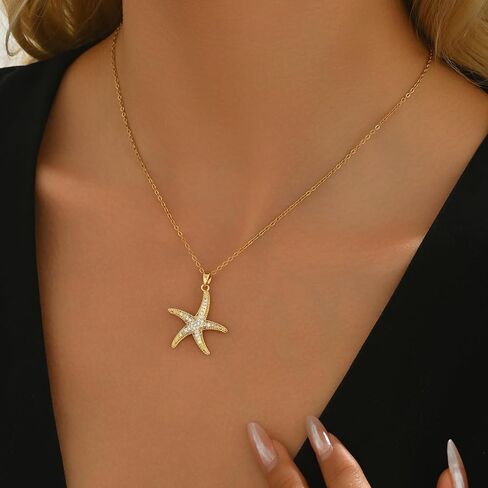 18K Gold Plated CZ Starfish Moon Pendant Necklace for Women Created Round White Opal Choker Necklace Dainty Gold Lucky Horseshoe Pearl Necklace Stainless Steel Jewelry in Saudi Arabia
