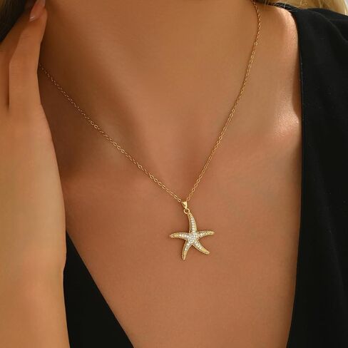 18K Gold Plated CZ Starfish Moon Pendant Necklace for Women Created Round White Opal Choker Necklace Dainty Gold Lucky Horseshoe Pearl Necklace Stainless Steel Jewelry in Saudi Arabia