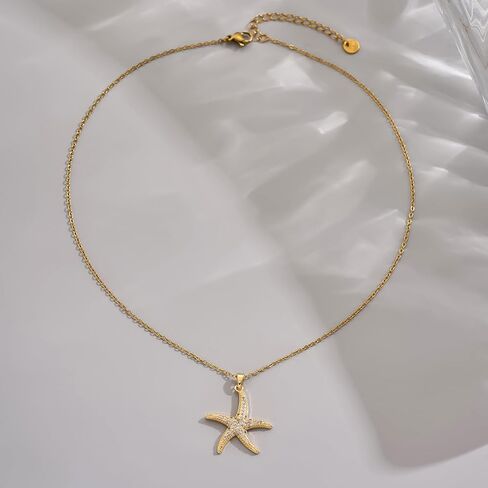 18K Gold Plated CZ Starfish Moon Pendant Necklace for Women Created Round White Opal Choker Necklace Dainty Gold Lucky Horseshoe Pearl Necklace Stainless Steel Jewelry in Saudi Arabia