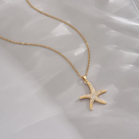 18K Gold Plated CZ Starfish Moon Pendant Necklace for Women Created Round White Opal Choker Necklace Dainty Gold Lucky Horseshoe Pearl Necklace Stainless Steel Jewelry in Saudi Arabia