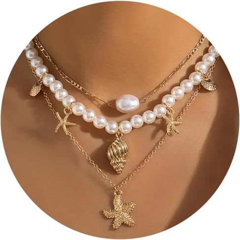 Shell Necklaces for Women Layered Gold Boho Beaded Seashell Choker Adjustable Pearl Starfish Necklace Beach Jewelry Hawaiian Summer Accessories for Women in Saudi Arabia