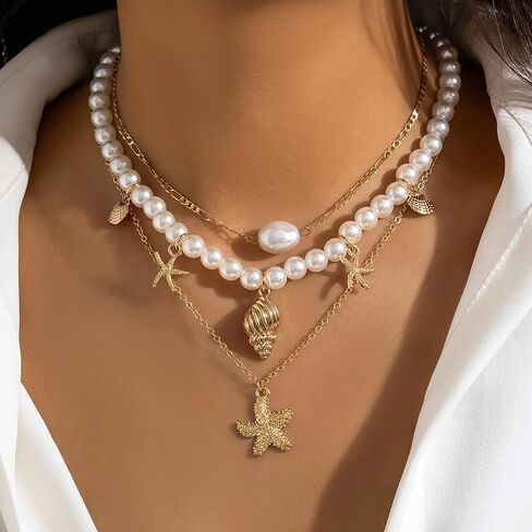 Shell Necklaces for Women Layered Gold Boho Beaded Seashell Choker Adjustable Pearl Starfish Necklace Beach Jewelry Hawaiian Summer Accessories for Women in Saudi Arabia