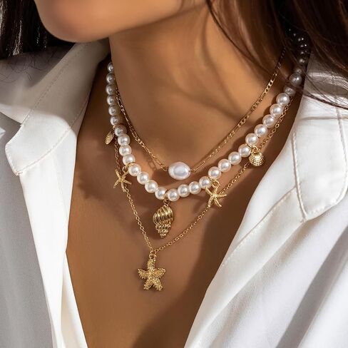 Shell Necklaces for Women Layered Gold Boho Beaded Seashell Choker Adjustable Pearl Starfish Necklace Beach Jewelry Hawaiian Summer Accessories for Women in Saudi Arabia