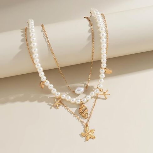 Shell Necklaces for Women Layered Gold Boho Beaded Seashell Choker Adjustable Pearl Starfish Necklace Beach Jewelry Hawaiian Summer Accessories for Women in Saudi Arabia
