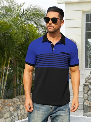 Hardaddy Men's Striped Polo Shirt Short Sleeve Casual Color Block Graphic Tee Collared Golf Shirts for Men in Saudi Arabia