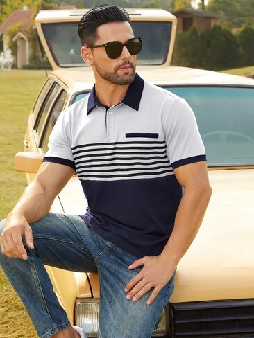 Hardaddy Men's Striped Polo Shirt Short Sleeve Casual Color Block Graphic Tee Collared Golf Shirts for Men in Saudi Arabia
