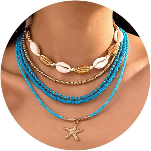 Shell Necklaces for Women Layered Gold Boho Beaded Seashell Choker Adjustable Pearl Starfish Necklace Beach Jewelry Hawaiian Summer Accessories for Women in Saudi Arabia