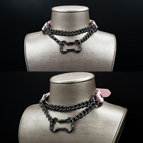Handmade Black Leather Choker Necklace For Women, Adjustable Punk Gothic Bone-shaped O-ring Slip Chain Collar Necklace in Kuwait