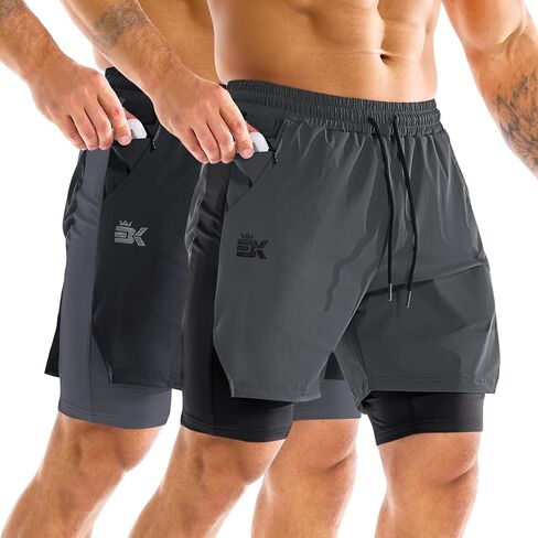 BROKIG Men's Dual-Layer Gym Shorts, Lightweight Quick Dry Running Bodybuilding 7'' Fitted Workout Short Lined-Zip Pocket in Kuwait