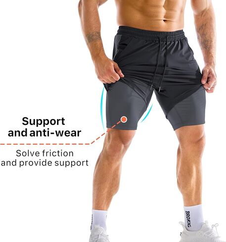 BROKIG Men's Dual-Layer Gym Shorts, Lightweight Quick Dry Running Bodybuilding 7'' Fitted Workout Short Lined-Zip Pocket in Kuwait