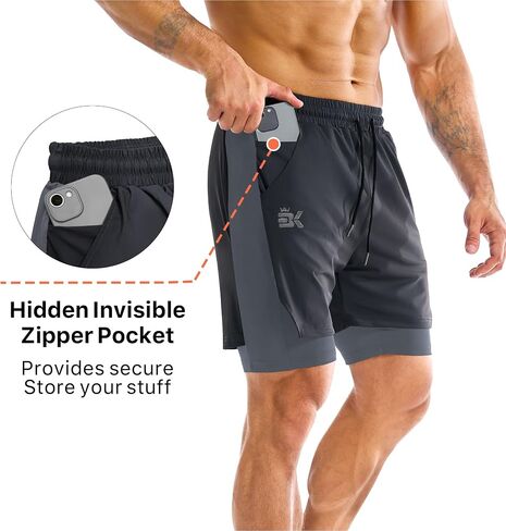 BROKIG Men's Dual-Layer Gym Shorts, Lightweight Quick Dry Running Bodybuilding 7'' Fitted Workout Short Lined-Zip Pocket in Kuwait