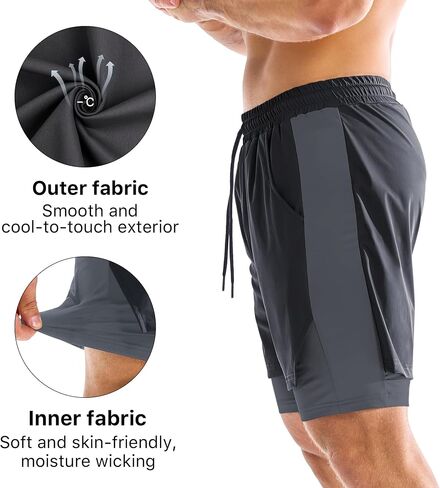 BROKIG Men's Dual-Layer Gym Shorts, Lightweight Quick Dry Running Bodybuilding 7'' Fitted Workout Short Lined-Zip Pocket in Kuwait