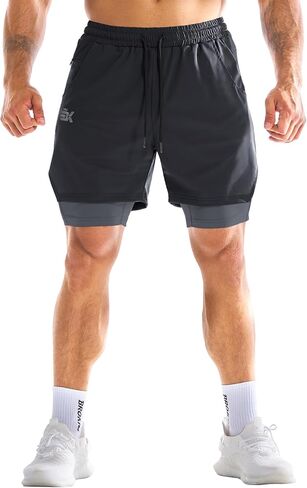 BROKIG Men's Dual-Layer Gym Shorts, Lightweight Quick Dry Running Bodybuilding 7'' Fitted Workout Short Lined-Zip Pocket in Kuwait