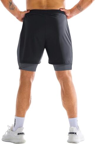 BROKIG Men's Dual-Layer Gym Shorts, Lightweight Quick Dry Running Bodybuilding 7'' Fitted Workout Short Lined-Zip Pocket in Kuwait