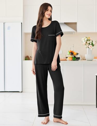 Ekouaer Womens Pajama Sets Short Sleeve Top and Pants 2 Piece Pjs Soft Sleepwear Comfy Lounge Set S-XXL in Saudi Arabia