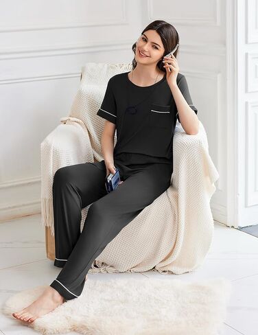 Ekouaer Womens Pajama Sets Short Sleeve Top and Pants 2 Piece Pjs Soft Sleepwear Comfy Lounge Set S-XXL in Saudi Arabia