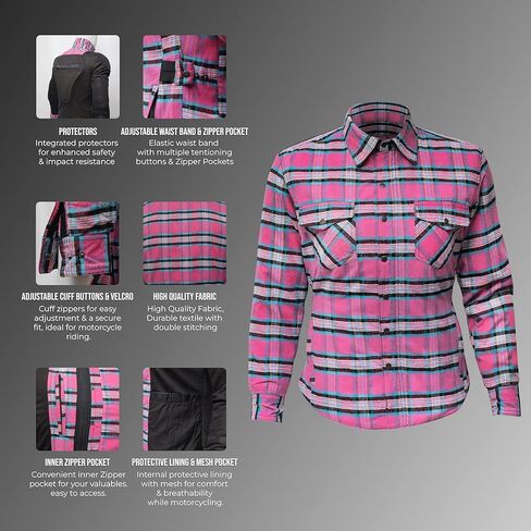 Women’s Motorcycle Flannel Shirt–CE Armored Cotton Plaid Riding Jacket Lined with Aramid Kevlar Fibre in Kuwait