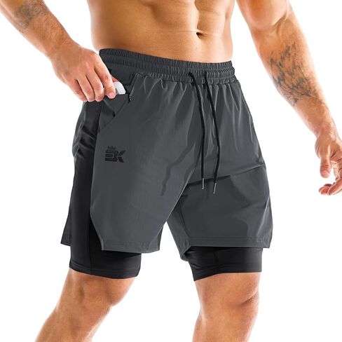 BROKIG Men's Dual-Layer Gym Shorts, Lightweight Quick Dry Running Bodybuilding 7'' Fitted Workout Short Lined-Zip Pocket in Kuwait