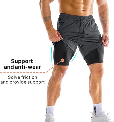 BROKIG Men's Dual-Layer Gym Shorts, Lightweight Quick Dry Running Bodybuilding 7'' Fitted Workout Short Lined-Zip Pocket in Kuwait