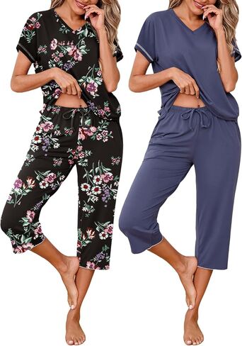Marvmys Womens 2 Pack Pajama Sets Short Sleeve Pajamas Tops and Capri Pants Pjs Print Lounge Sets with Pockets S-3XL in Saudi Arabia