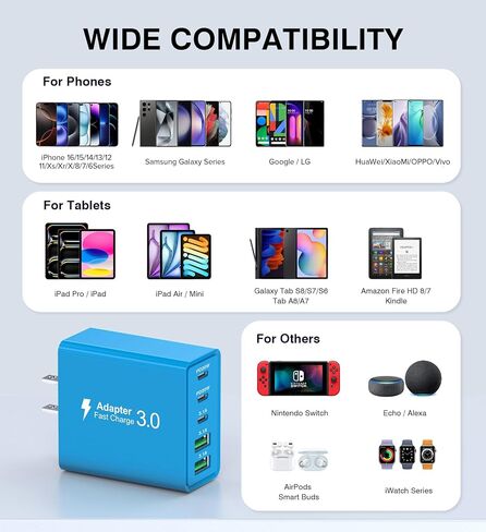 2 حزمة USB C شاحن سريع، 50 وات 5 منافذ USB C شاحن جداري، 2 USB A & 3 USB C PD3.0 محول طاقة متعدد المنافذ من النوع C لشحن iPhone 12/13/14/15، Pad Mini/Pro، GalaxyS23 S22 (أبيض) in Kuwait