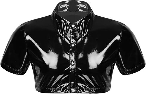 Panegy Men's Liquid Shiny Leather Shirt Jacket Slim Fit Wetlook Party Nightout Club 70s/80s Disco Blouse Tshirt in Kuwait