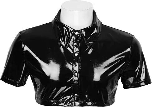 Panegy Men's Liquid Shiny Leather Shirt Jacket Slim Fit Wetlook Party Nightout Club 70s/80s Disco Blouse Tshirt in Kuwait