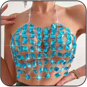 Aukmla Sparkly Crystal Bra Chain Top Halter Rhinestones Chest Body Chains Nightclub Beach Bikini Crop Tops for Women