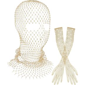 Zhanmai 2 Pack Halloween Crystal Mesh Body Chain with Fishnet Long Gloves Rhinestone Glitter Breathable Headwear for Women