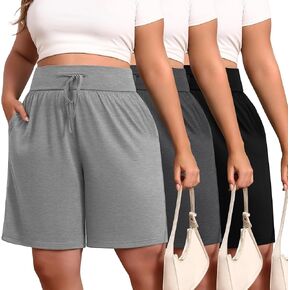 Neer 3 Pack Plus Size Bermuda Shorts Cotton Cotton Cotton High Weist Dustical Spottants مع جيوب XL-5XL