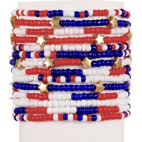 Pingyongchang 4th of July Beaded Stretch Bracelets for Women Men American Patriotic Multilayer Bangle Stackable Red White Blue Star Bracelet Independence Boho Summer Beach Memorial Day Gifts