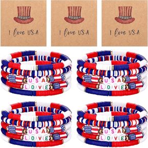 50 Pcs 4th of July Patriotic Bracelets Set with 25 Cards 25 Red White and Blue USA Love Bohemian Beaded Stretch Bracelets for Memorial Day Fourth of July Independence Day Patriotic Women Men