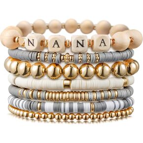 Y1tvei Nana Bracelets for Women - 7Pcs Gray Wooden Nana Bead Stackable Heishi Polymer Clay Beaded Stretch Surfer Bracelet Gold Plated Beads Elastic Layering Bracelet Mother’s Day Gifts from Grandkids
