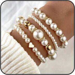 Pearl Bracelets for Women Simulated Pearl Beaded Bracelet White Pearls Stackable Stretch Bracelet Set Multilayered Elastic Pearls Bracelets for Women Bridesmaid Bridal Jewelry