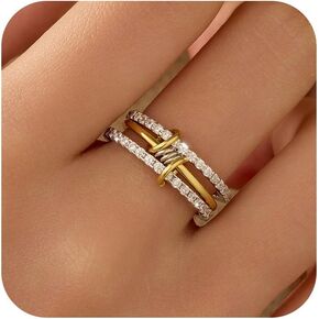 925 Sterling Silver Interlocked Spinelli Ring Stackable Rings for Women Non Tarnish Dainty 14K Gold Plated Chunky Rings Two Tone Cubic Zirconia Ring 3 Finger Ring Knuckle Pinky Ring Set Jewelry Gift